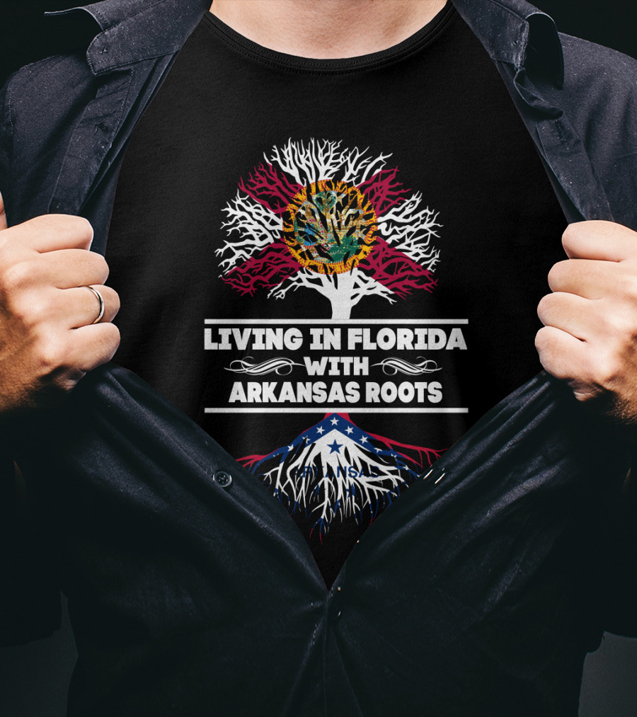 Living In Florida With Arkansas Roots Tree Design Featuring Florida State Seal And Arkansas Flag Elements T-Shirt