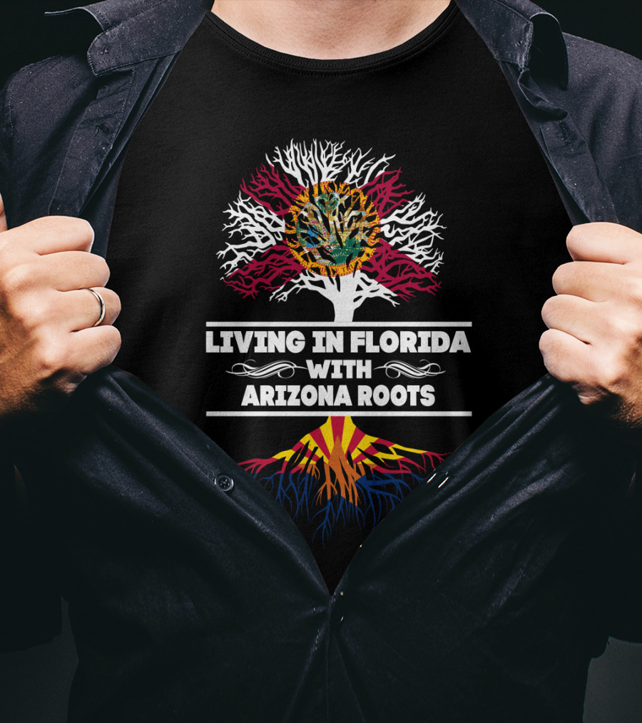 Living In Florida With Arizona Roots Tree Graphic Featuring Florida State Flag And Arizona State Flag Colors T-Shirt