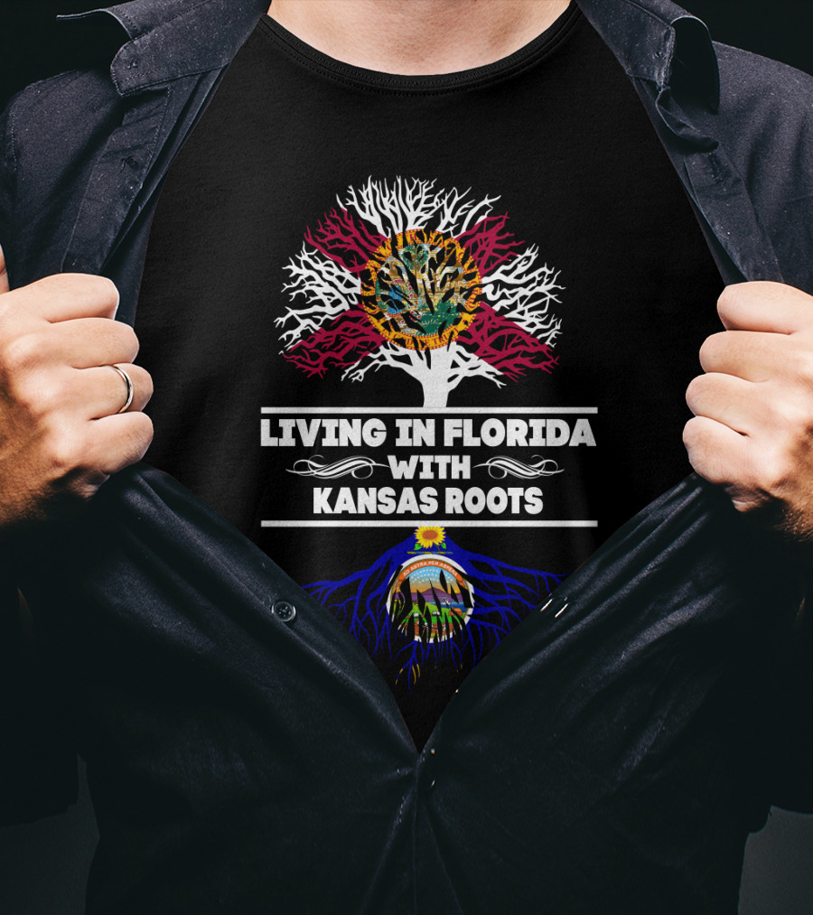 Living In Florida With Kansas Roots Tree Design Featuring State Flags T-Shirt
