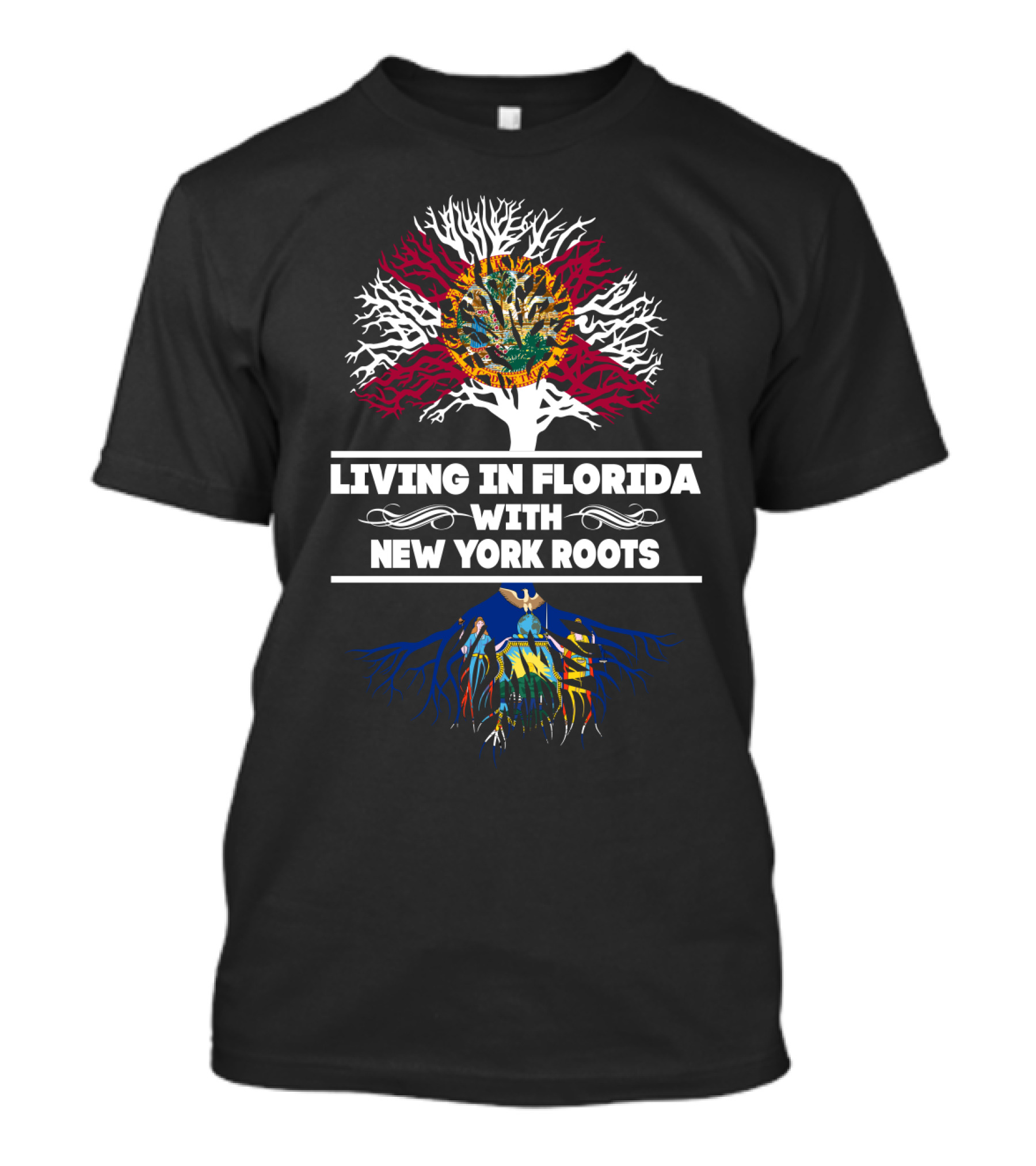 Florida Living With New York Roots Tree Design Featuring State Symbols T-Shirt