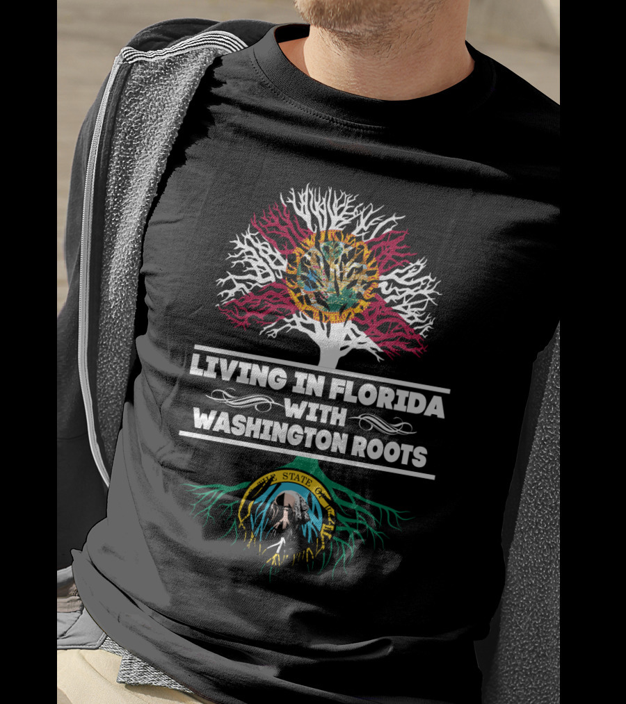 Florida Resident With Strong Washington Heritage Illustrated By State Flags And Tree Roots T-Shirt