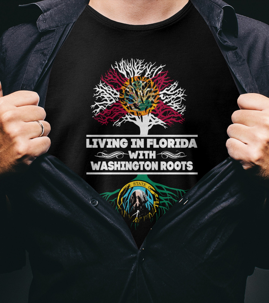 Florida Resident With Strong Washington Heritage Illustrated By State Flags And Tree Roots T-Shirt