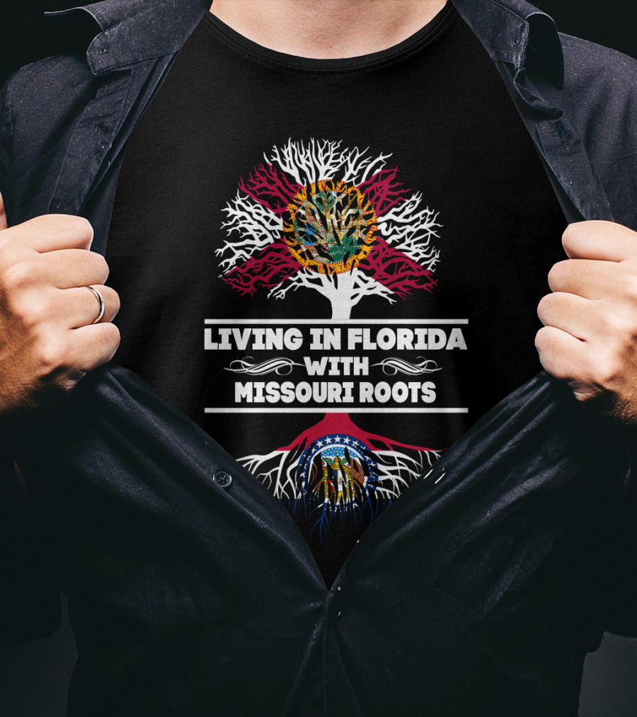 Living In Florida With Missouri Roots Florida Seal And Missouri State Emblem Tree T-Shirt