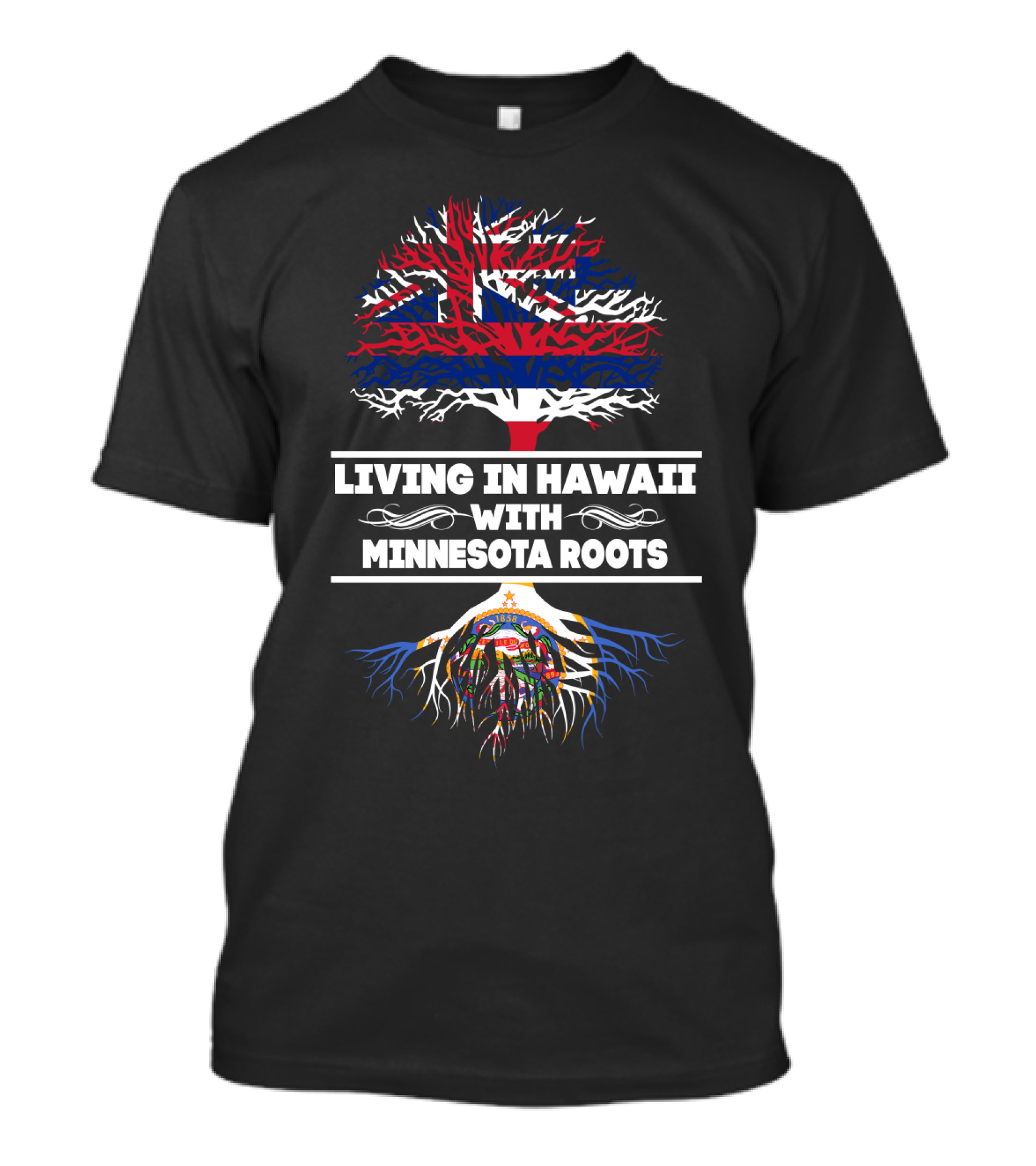 Hawaii Living With Minnesota Roots Hawaiian Flag Tree T-Shirt