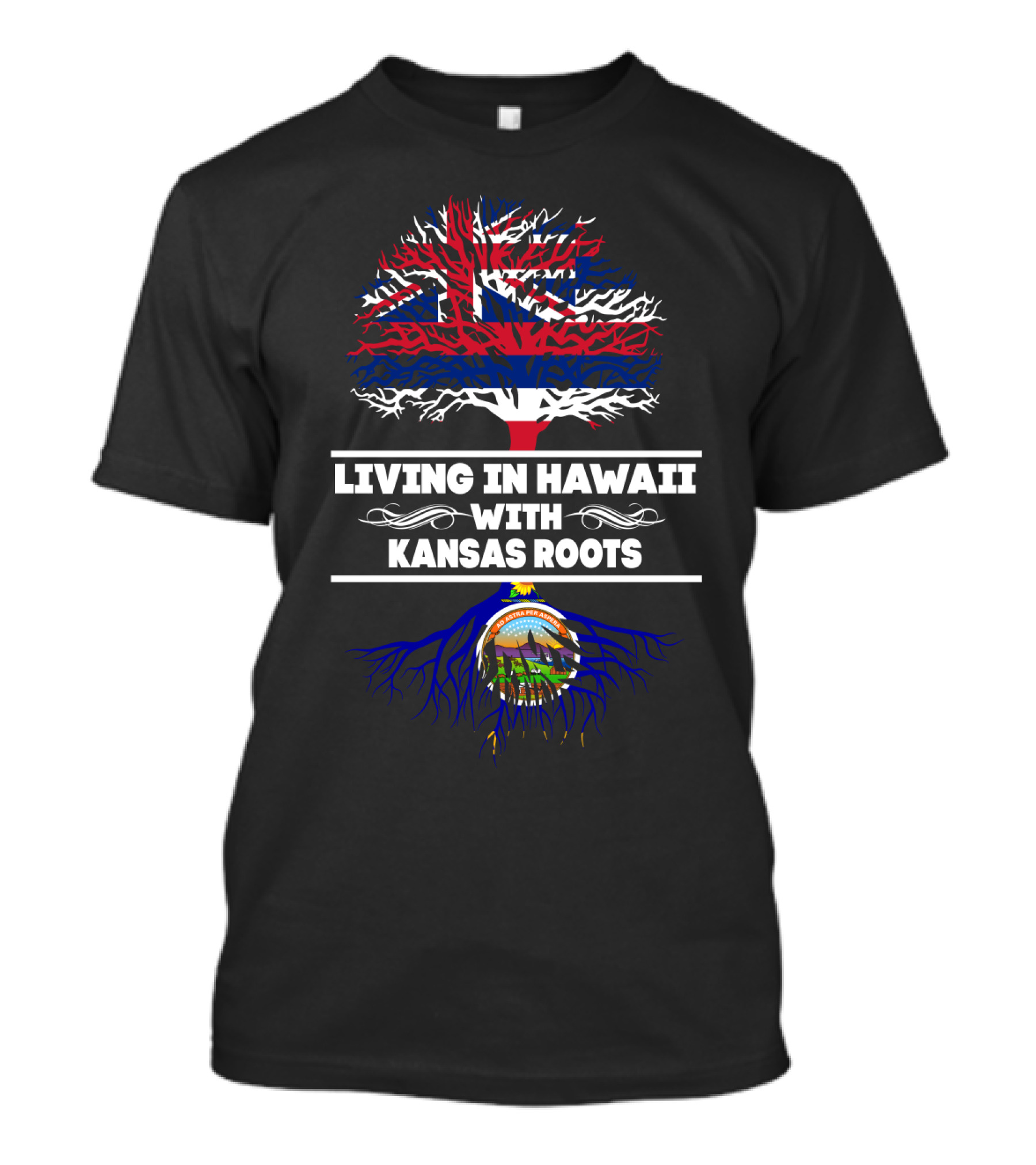 Hawaii Flag And Tree With Kansas Roots Heritage T-Shirt