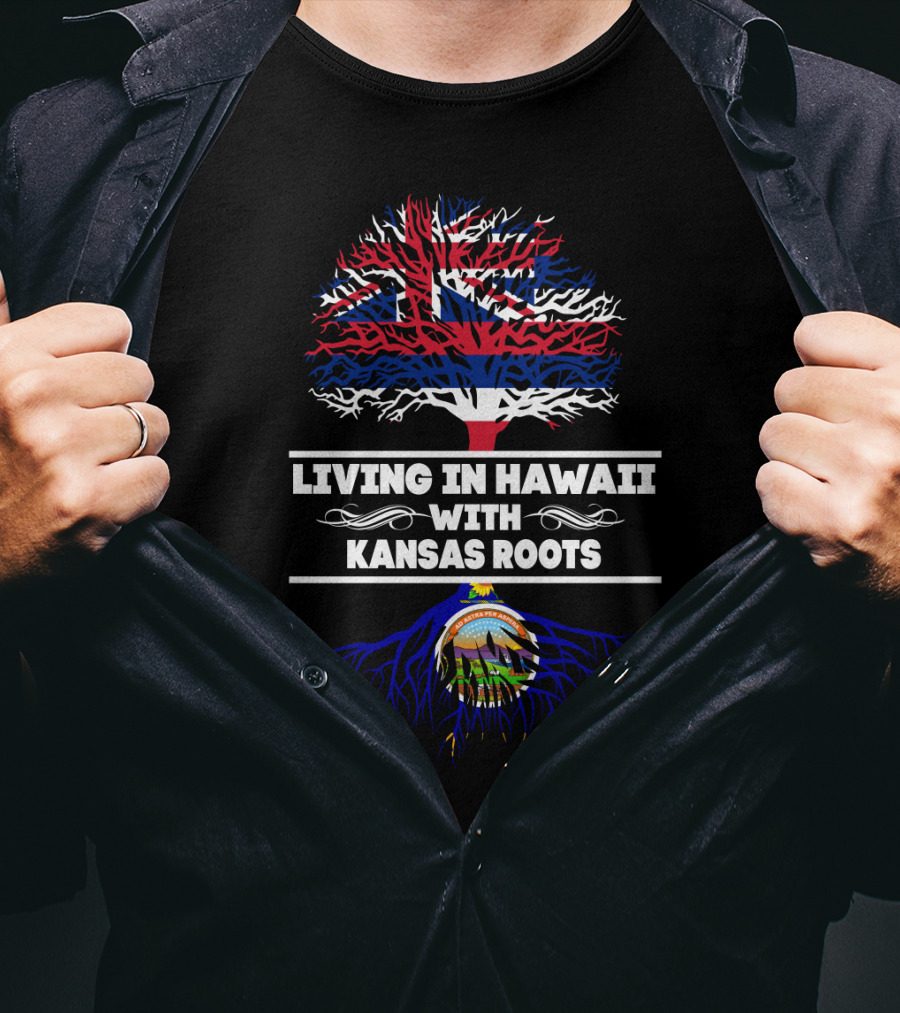 Hawaii Flag And Tree With Kansas Roots Heritage T-Shirt
