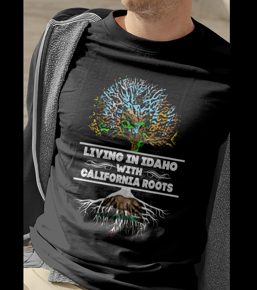 Living In Idaho With California Roots Tree Graphic With State Colors And Roots T-Shirt