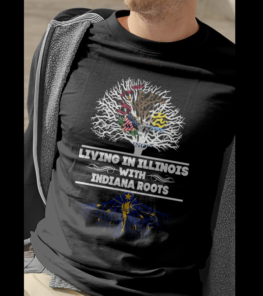 Illinois Living With Indiana State Flag Roots Tree T-Shirt