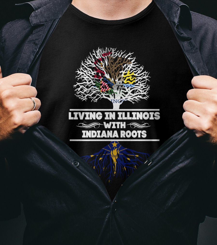 Illinois Living With Indiana State Flag Roots Tree T-Shirt