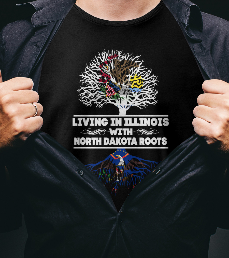 Living In Illinois With North Dakota Roots State Flags Tree T-Shirt