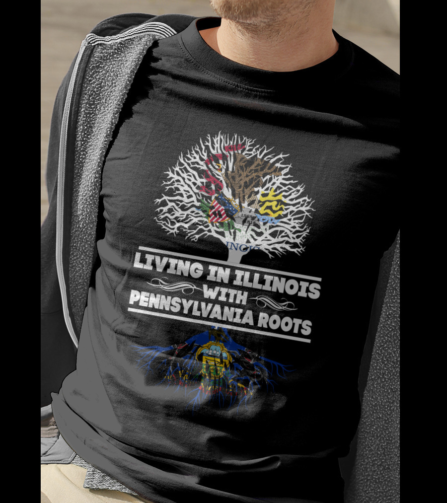 Illinois Living Pennsylvania Roots Tree With State Flags Heritage Connection T-Shirt