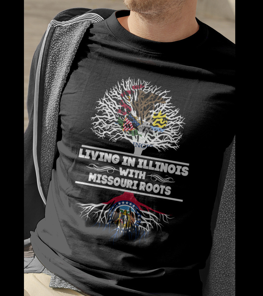 Living In Illinois With Missouri Roots Featuring State Flags And Tree Symbolism T-Shirt