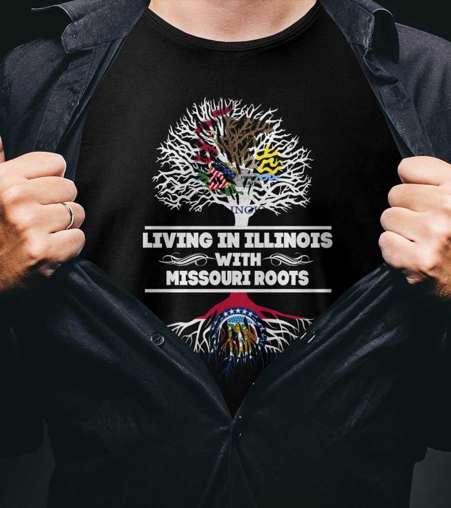 Living In Illinois With Missouri Roots Featuring State Flags And Tree Symbolism T-Shirt