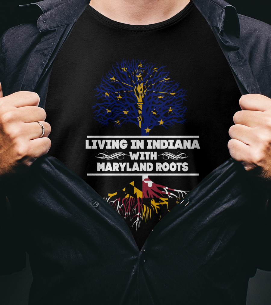 Indiana Living With Strong Maryland Roots Featuring State Flag Colors Of Blue And Yellow Tree T-Shirt