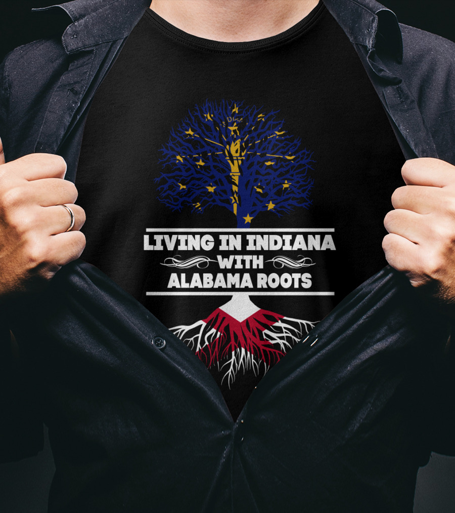 Indiana Living Celebrating Deep Alabama Roots With Tree Imagery And State Colors T-Shirt