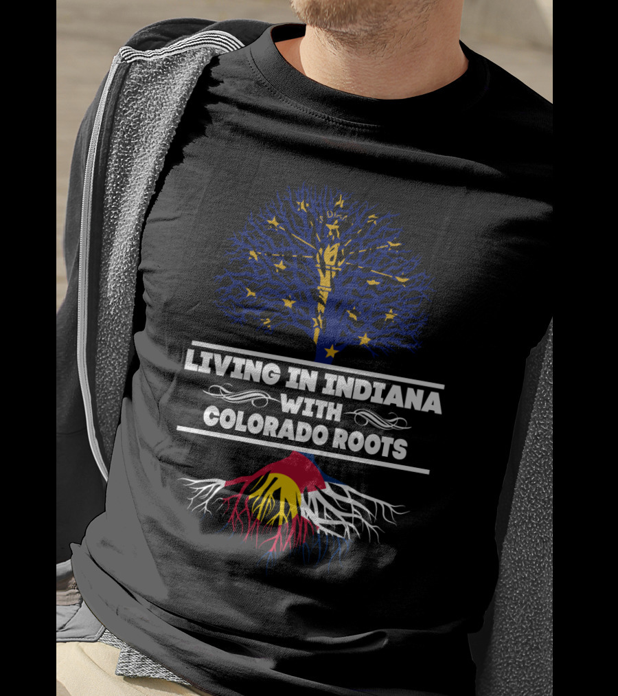 Indiana Skyline And Colorado Flag Tree Symbolizing Living In Indiana With Colorado Roots T-Shirt