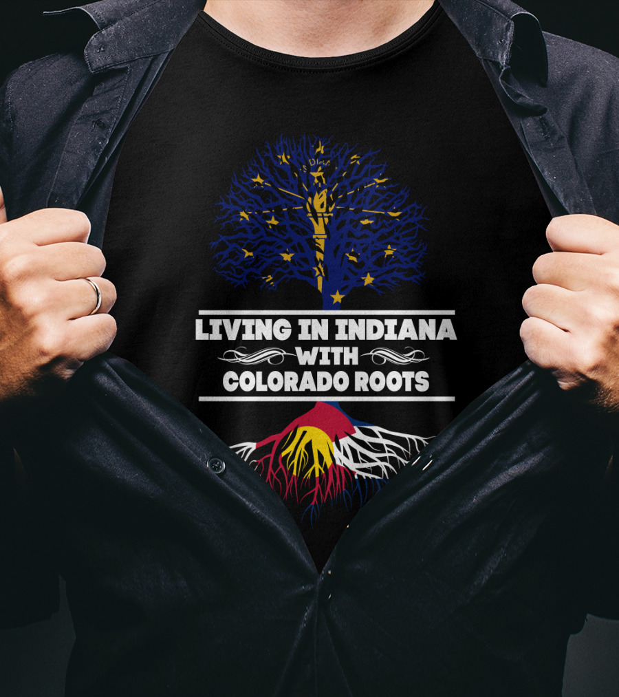 Indiana Skyline And Colorado Flag Tree Symbolizing Living In Indiana With Colorado Roots T-Shirt
