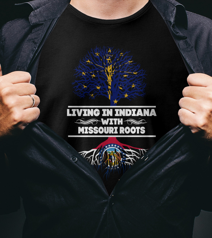 Indiana Stars And Tree With Missouri Flag Roots Fusion T-Shirt