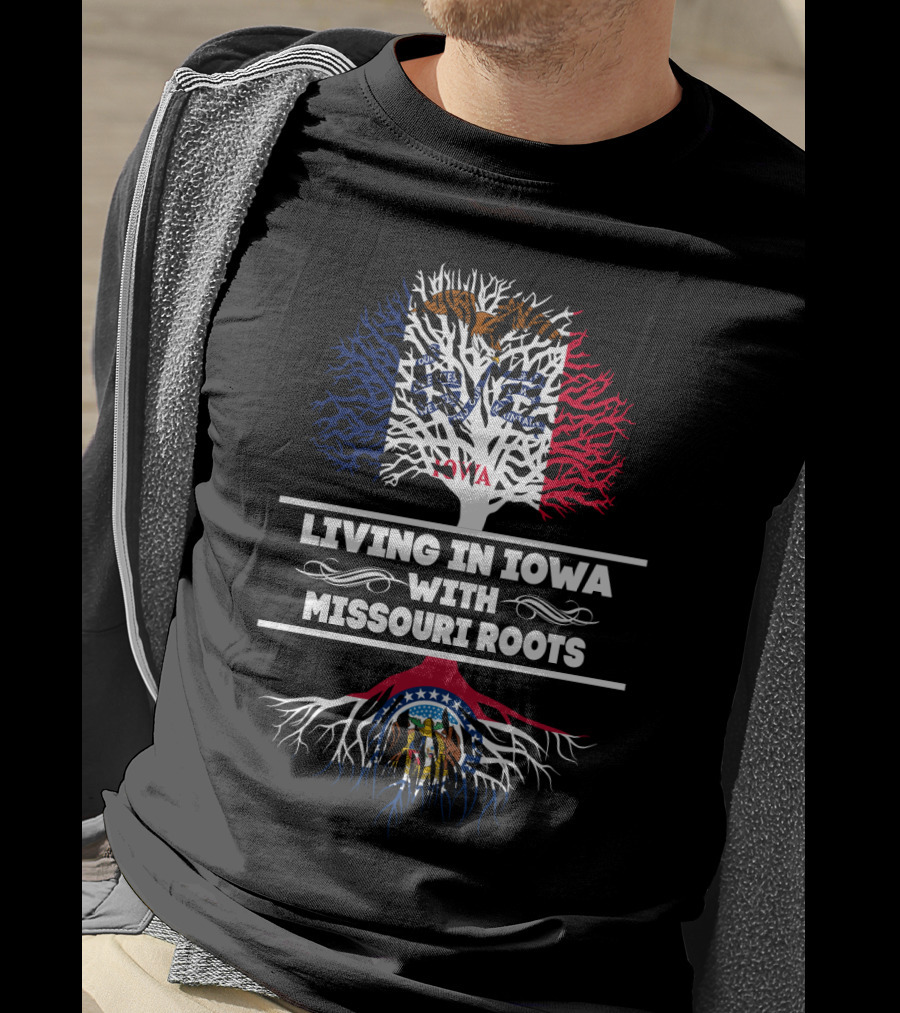 Living In Iowa With Deep Missouri Roots In State Flag Colors And Symbols T-Shirt