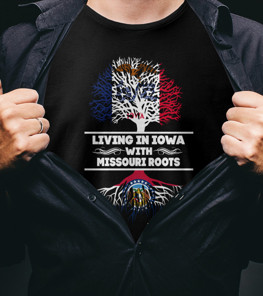 Living In Iowa With Deep Missouri Roots In State Flag Colors And Symbols T-Shirt