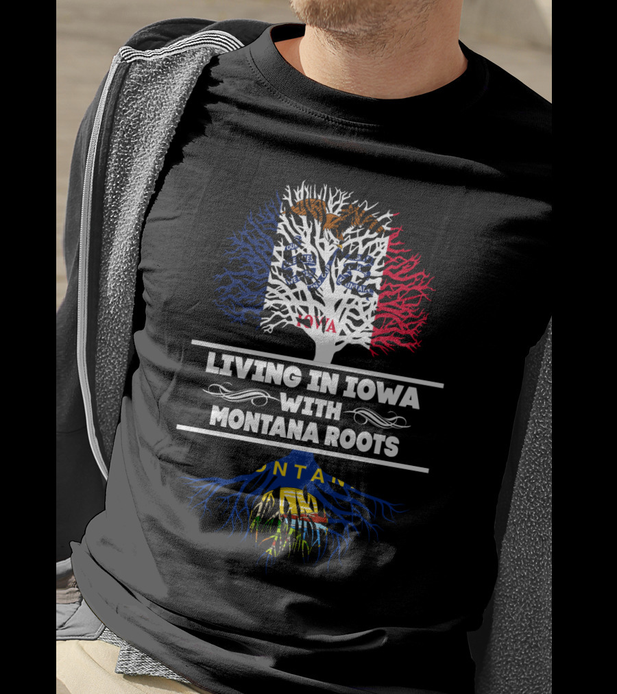 Iowa Living And Montana Heritage Tree With State Flags Roots Connection T-Shirt