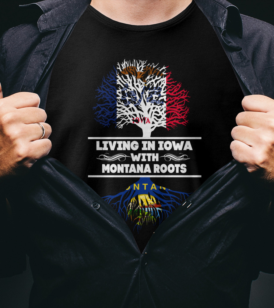 Iowa Living And Montana Heritage Tree With State Flags Roots Connection T-Shirt