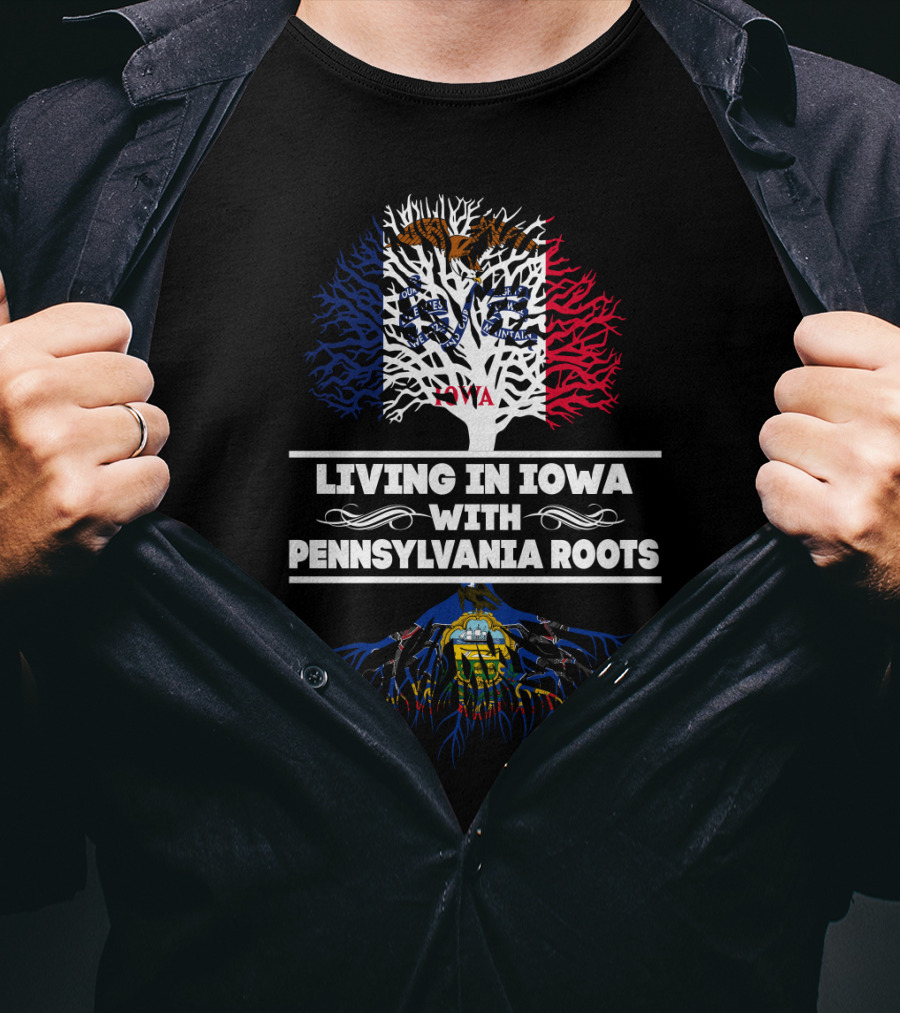 Iowa And Pennsylvania Heritage Tree Design Featuring State Flags And Emblems T-Shirt