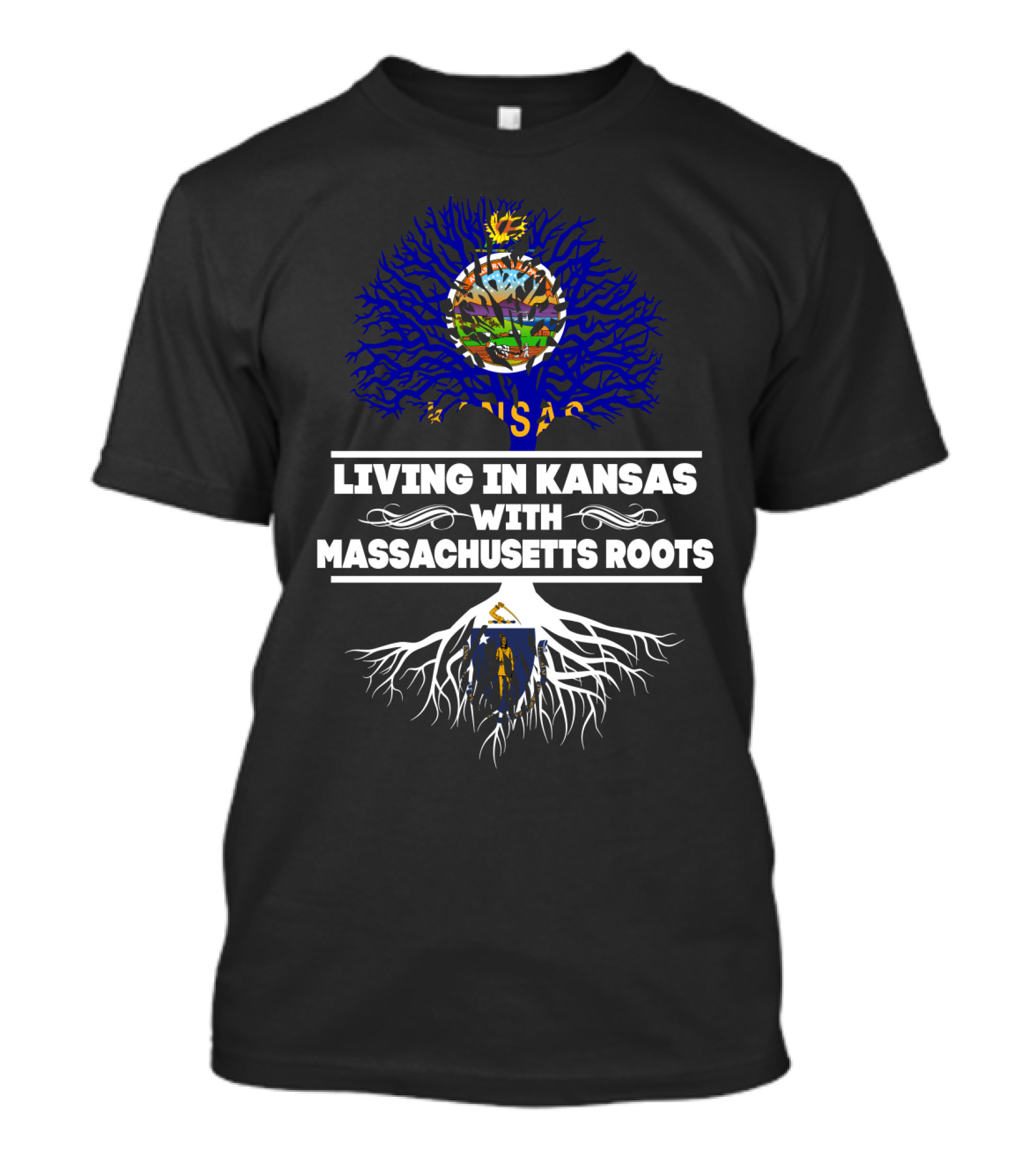 Living In Kansas With Massachusetts Roots Kansas Flag Tree Design Massachusetts Flag Roots T-Shirt