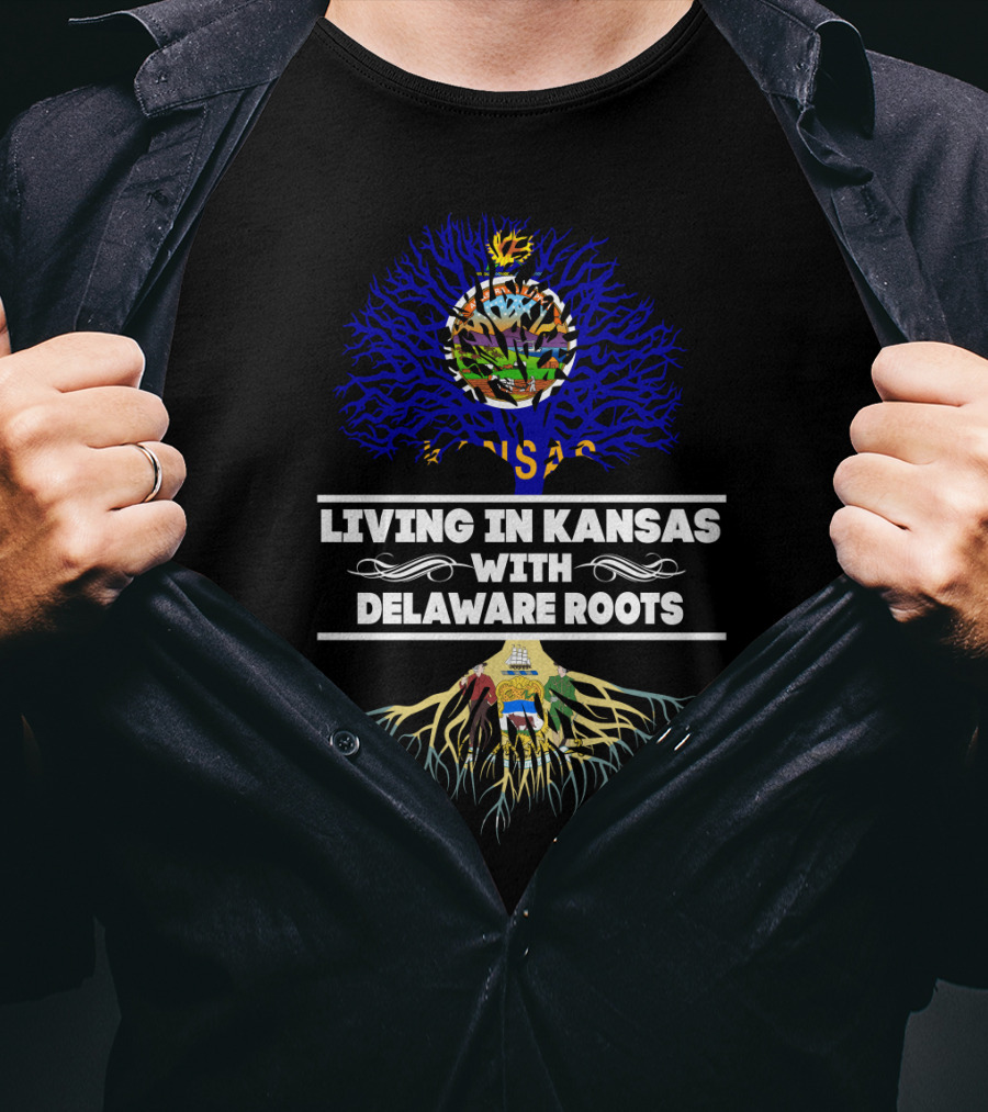Kansas Living With Delaware Roots Featuring State Flags In Tree T-Shirt