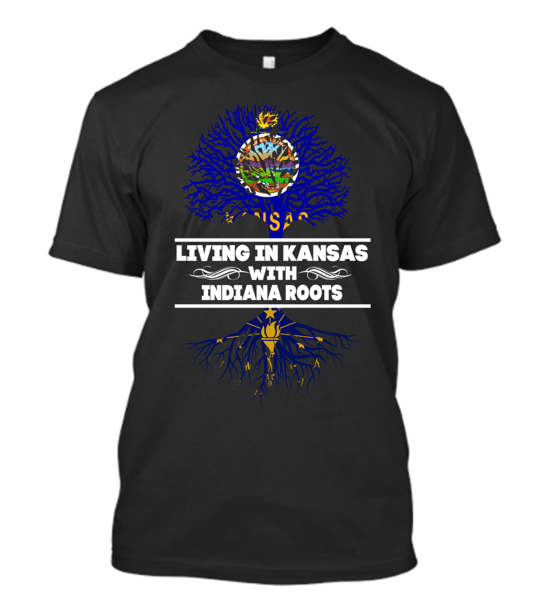 Living In Kansas With Indiana Roots Tree Design Featuring State Flag Elements T-Shirt