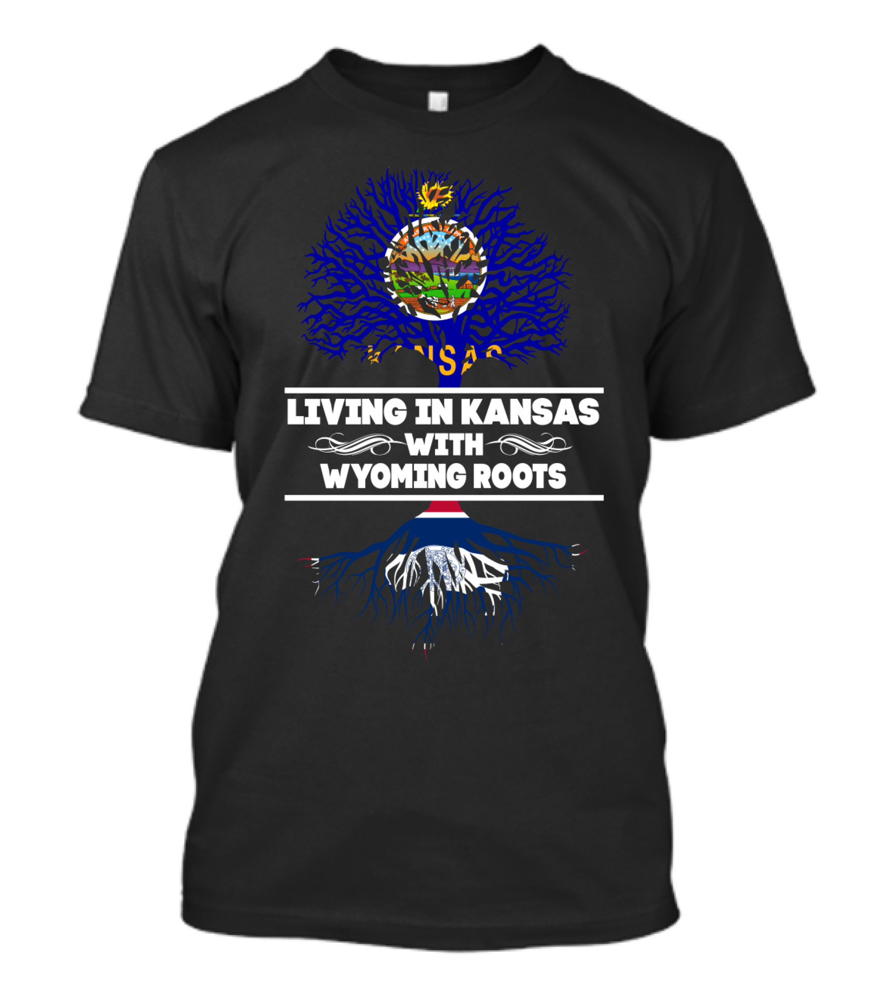 Kansas State Emblem On Blue Tree With Wyoming Flag Roots Connection T-Shirt