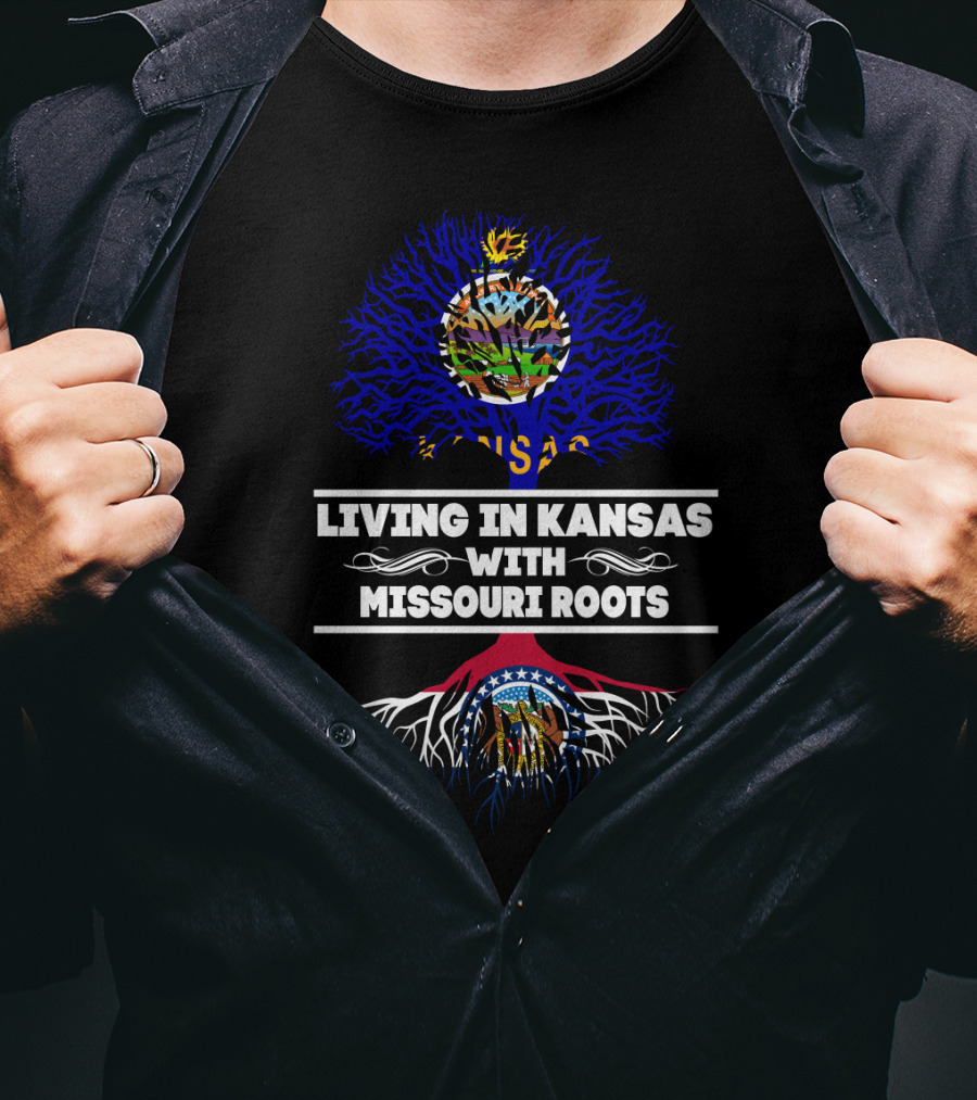 Living In Kansas With Missouri Roots Featuring State Emblems And Tree Symbolism T-Shirt