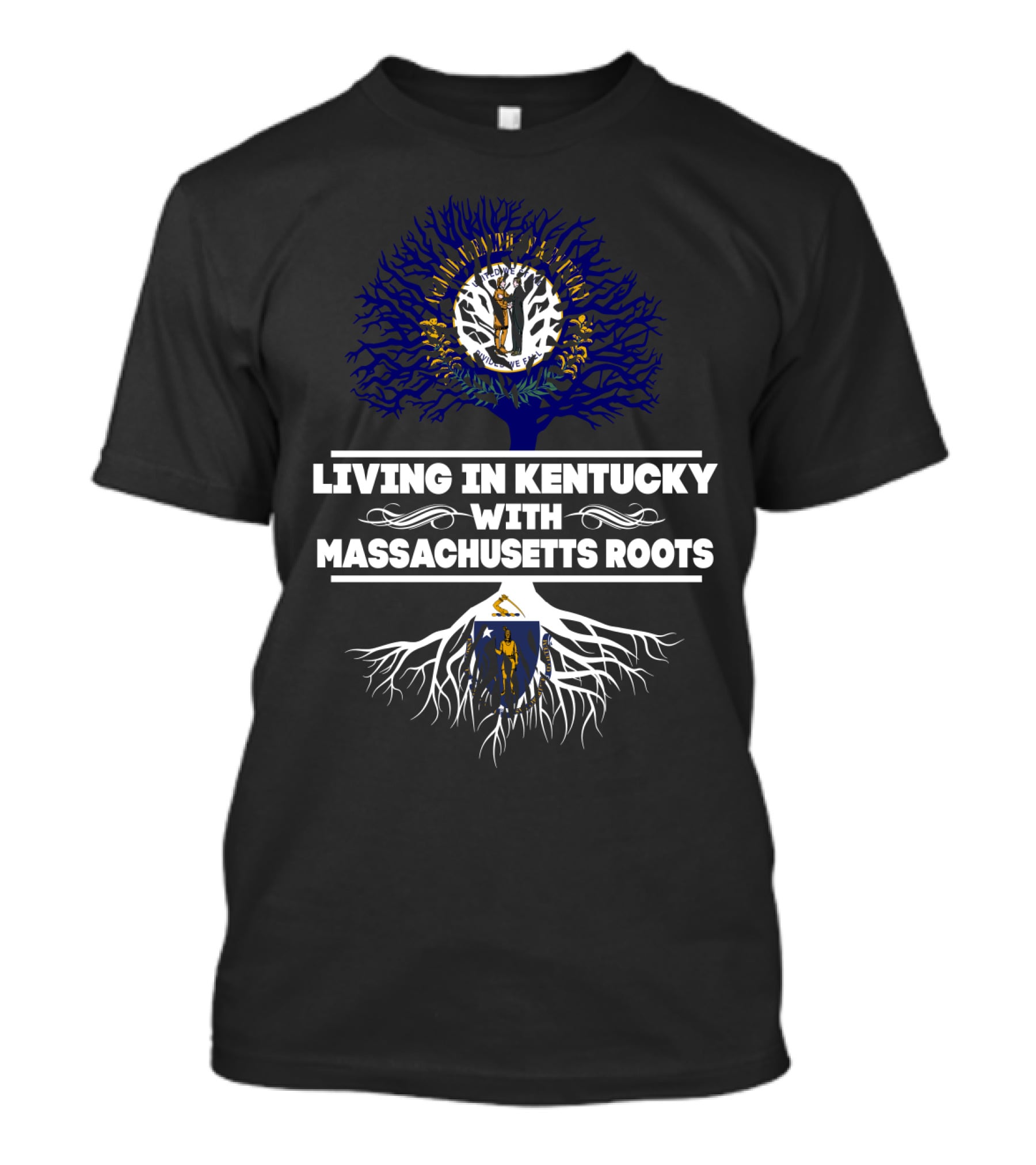 Living In Kentucky With Massachusetts Roots Tree Art Featuring Kentucky And Massachusetts Seals T-Shirt