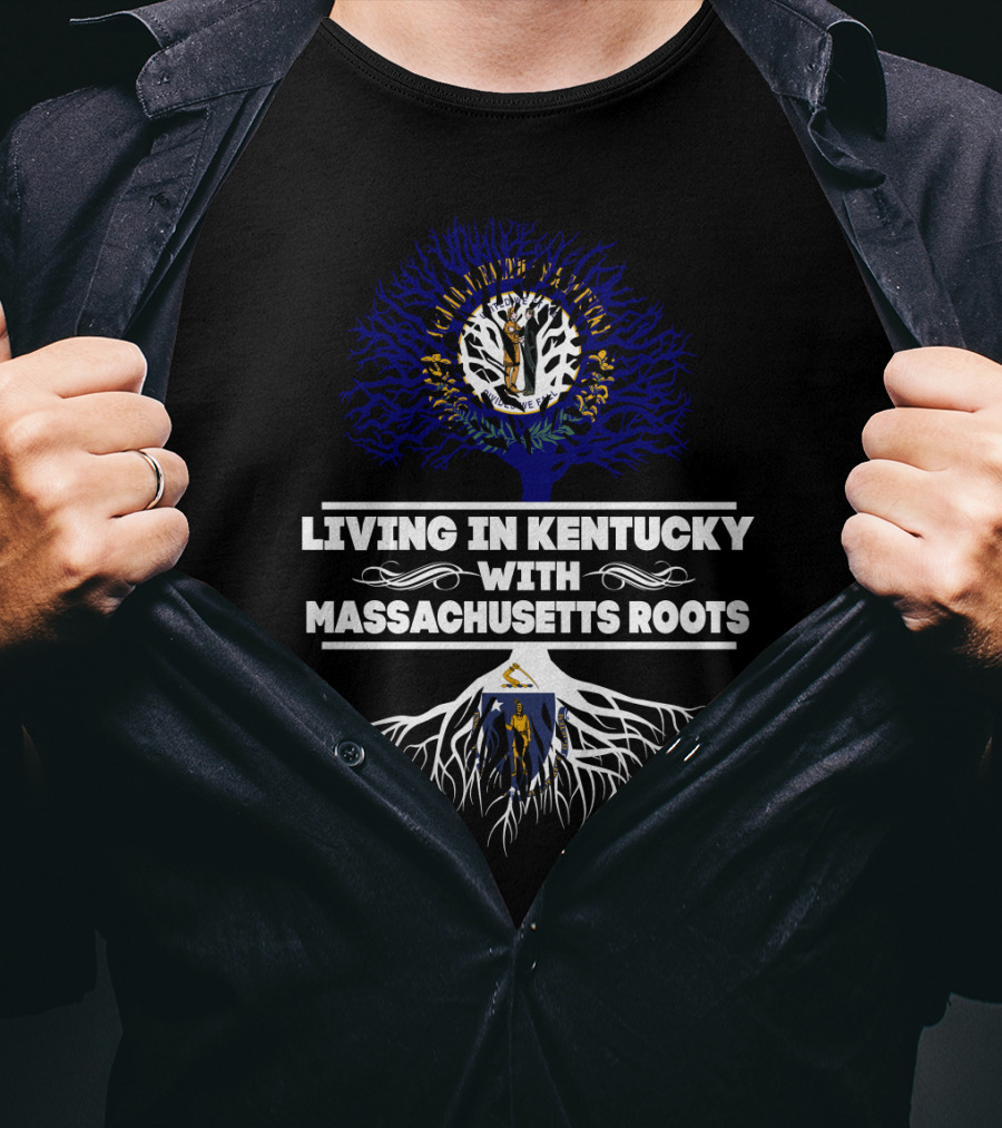 Living In Kentucky With Massachusetts Roots Tree Art Featuring Kentucky And Massachusetts Seals T-Shirt