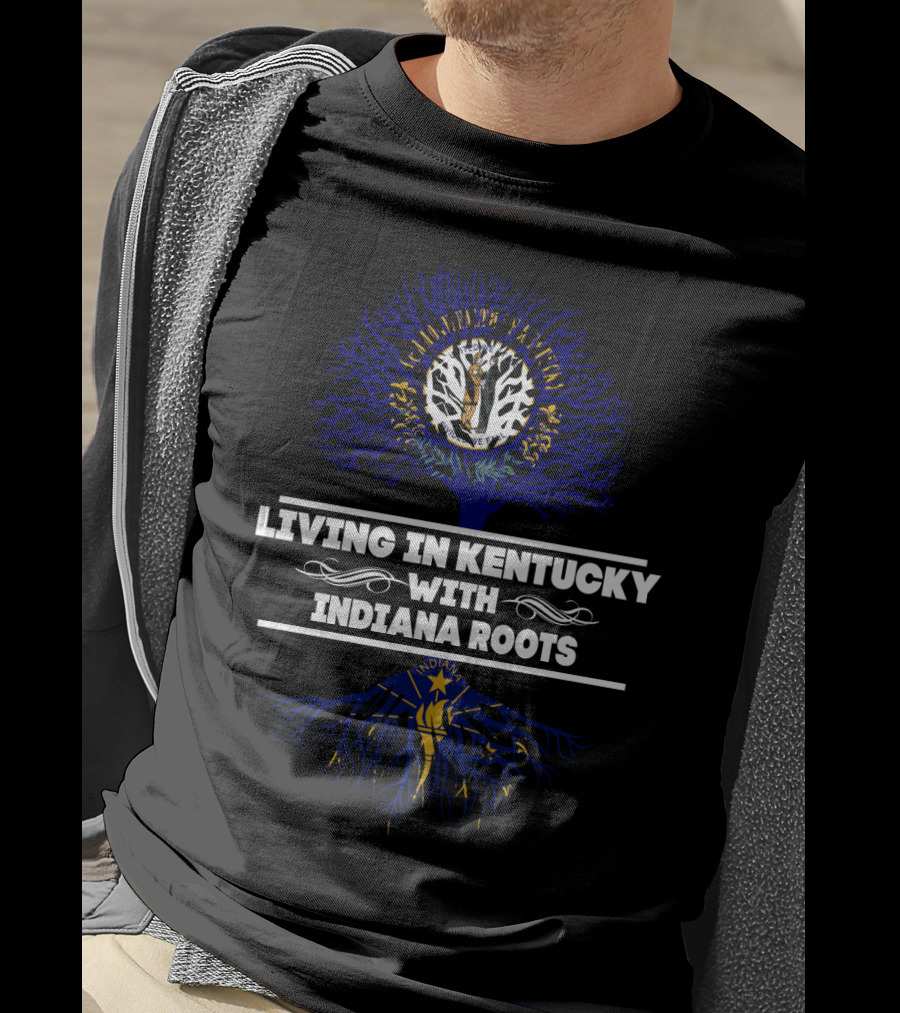 Living In Kentucky With Indiana Roots Tree Design Featuring State Symbols T-Shirt