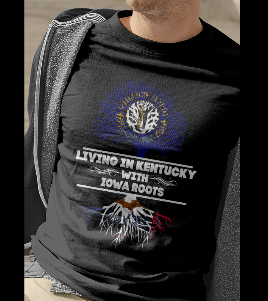 Living In Kentucky With Iowa Roots Tree Design With Blue And Red Elements T-Shirt
