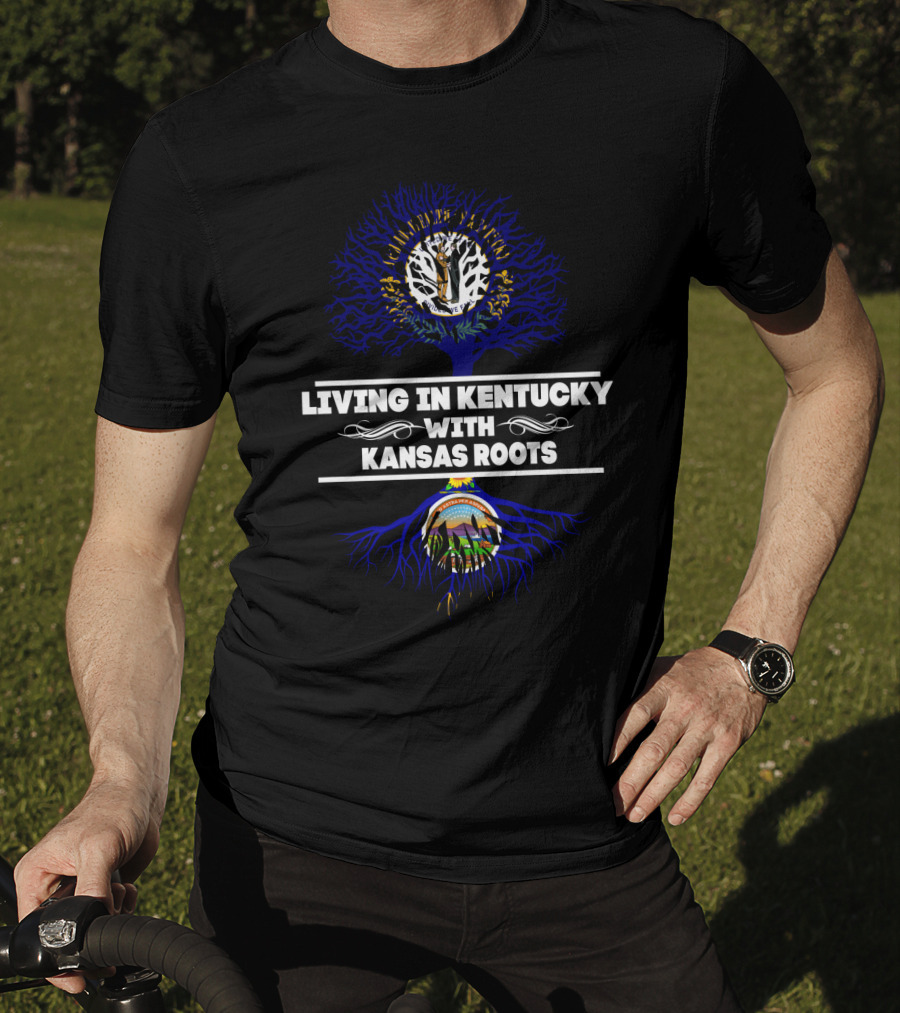 Living In Kentucky With Kansas Roots Tree Design Featuring State Seals And Blue Roots T-Shirt