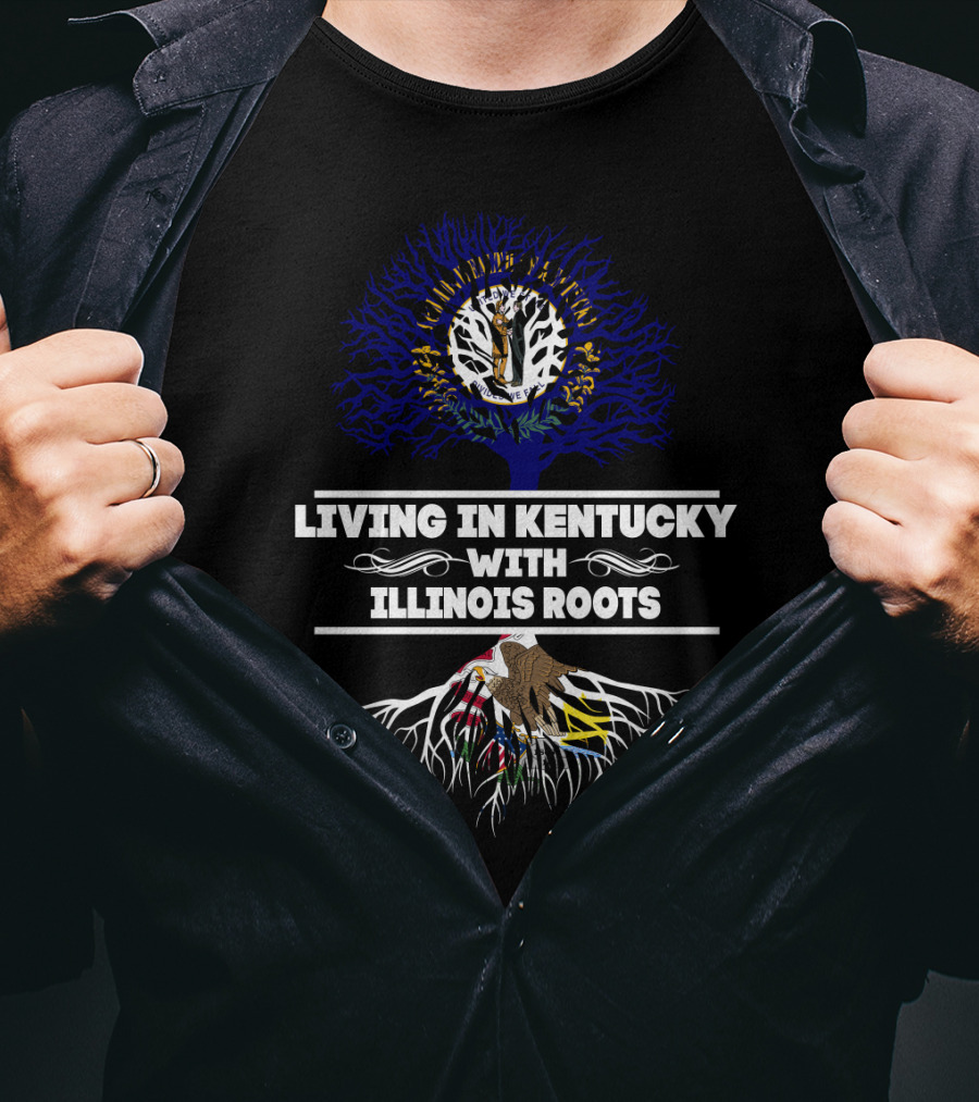 Living In Kentucky With Illinois Roots Tree Design Featuring State Symbols T-Shirt
