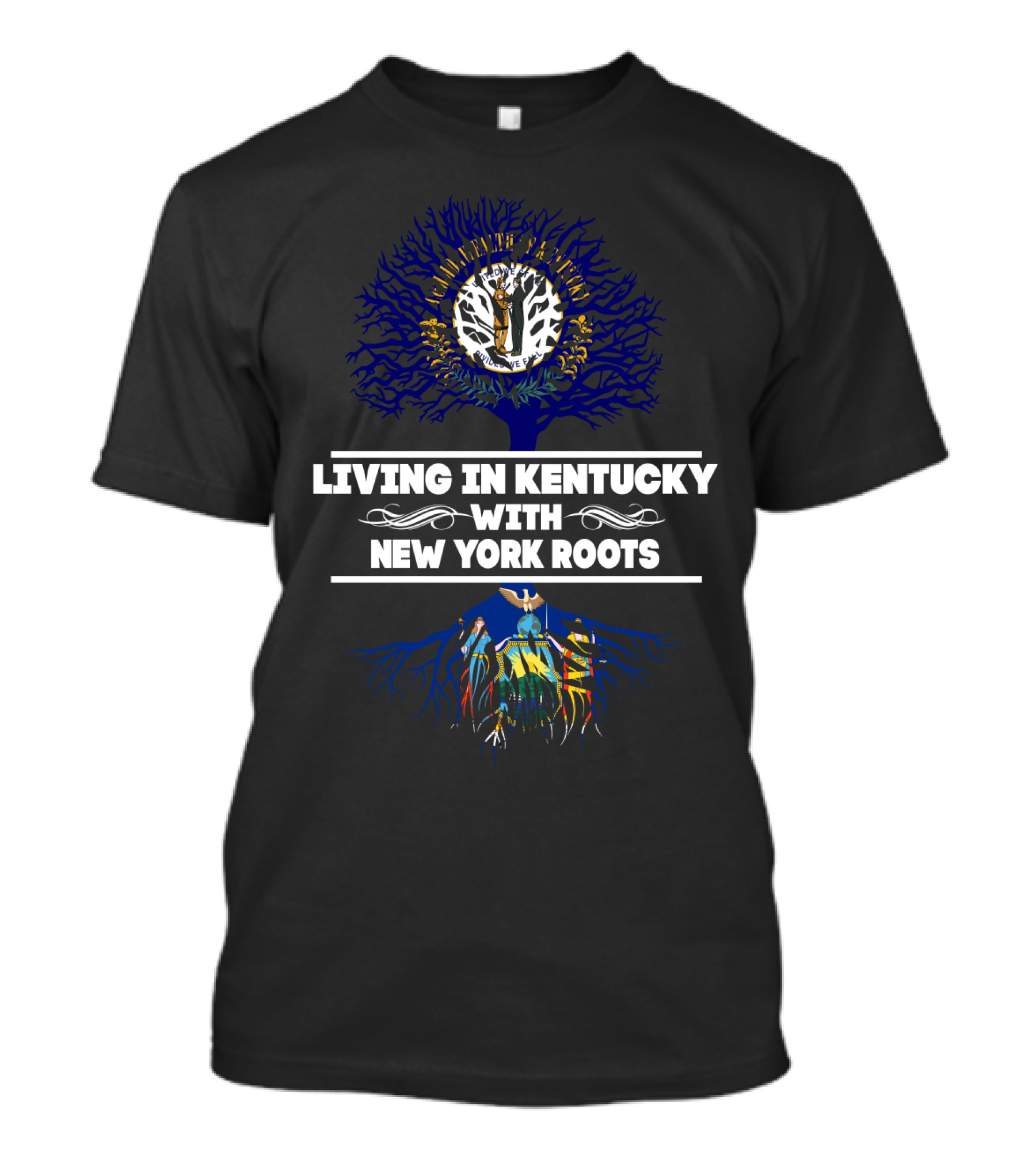 Living In Kentucky With New York Roots Tree Design Featuring City Skyline And American Flag Elements T-Shirt