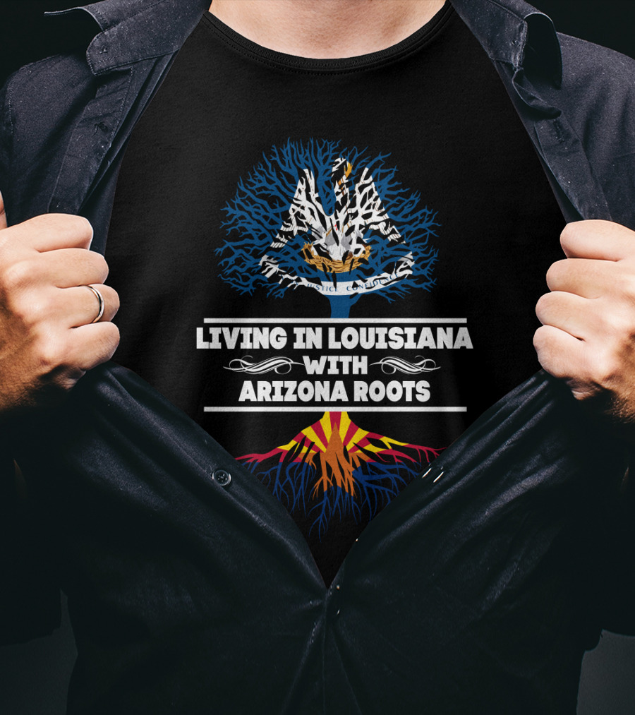 Living In Louisiana With ARIZONA Roots Louisiana State Bird Pelican And Arizona Flag Colors Tree T-Shirt