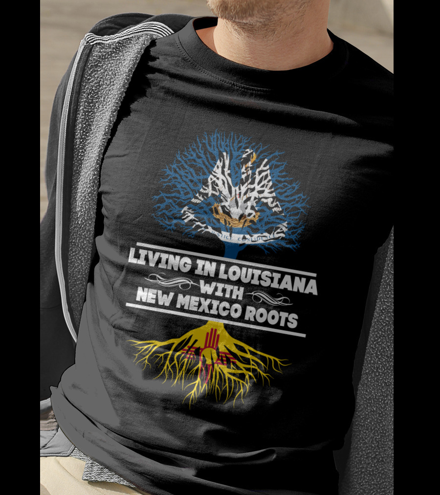 Louisiana Living With New Mexico Roots Featuring Pelican And Zia Symbol Tree T-Shirt