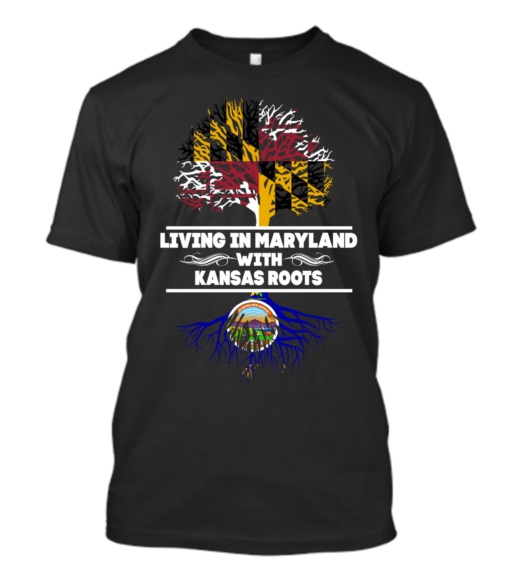 Living In Maryland With Kansas Roots Maryland Flag Tree Kansas Seal T-Shirt