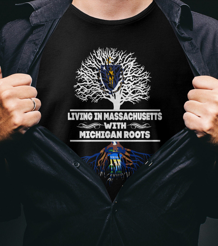 Living In Massachusetts With Deep Michigan Heritage Emblem Tree T-Shirt