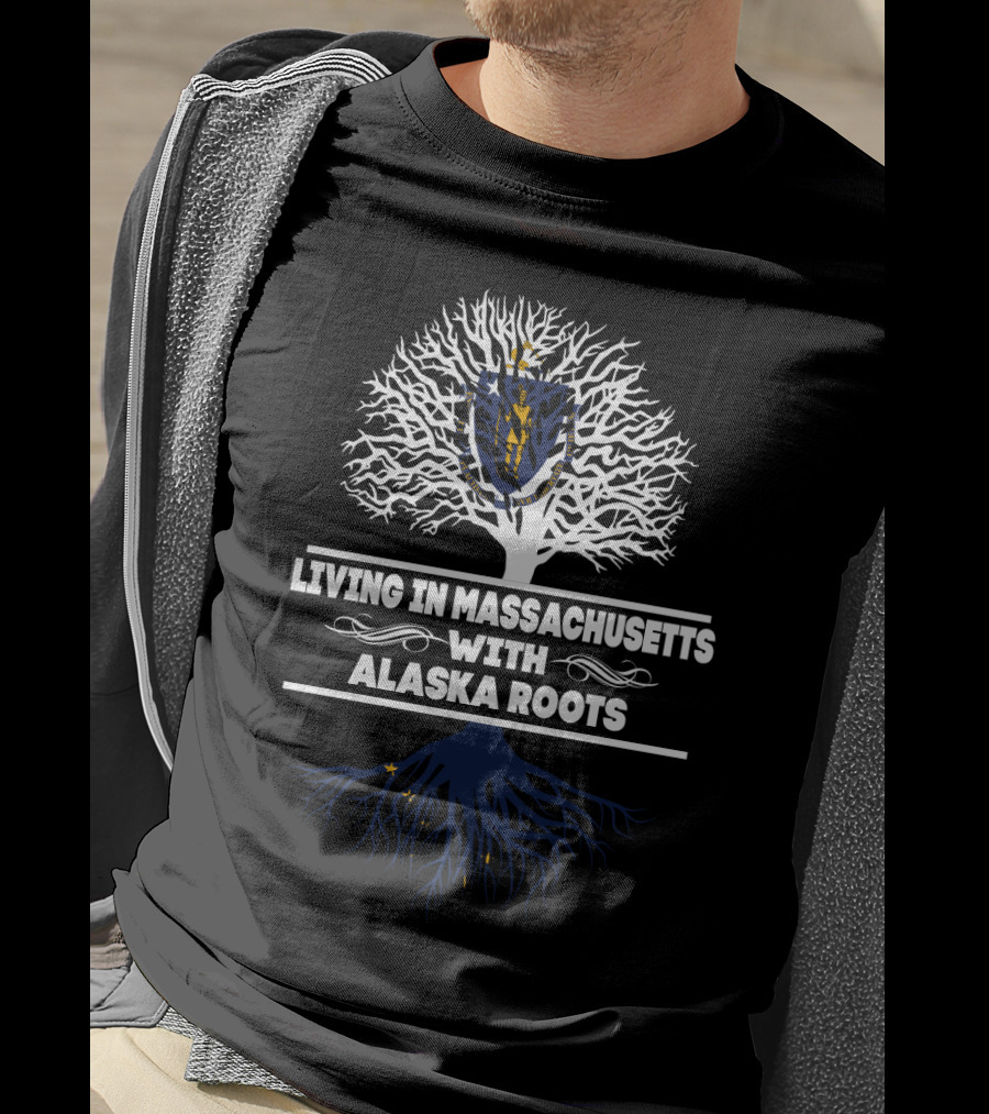 Massachusetts Living With Alaska Roots Tree Graphic Featuring State Symbols And Flags T-Shirt