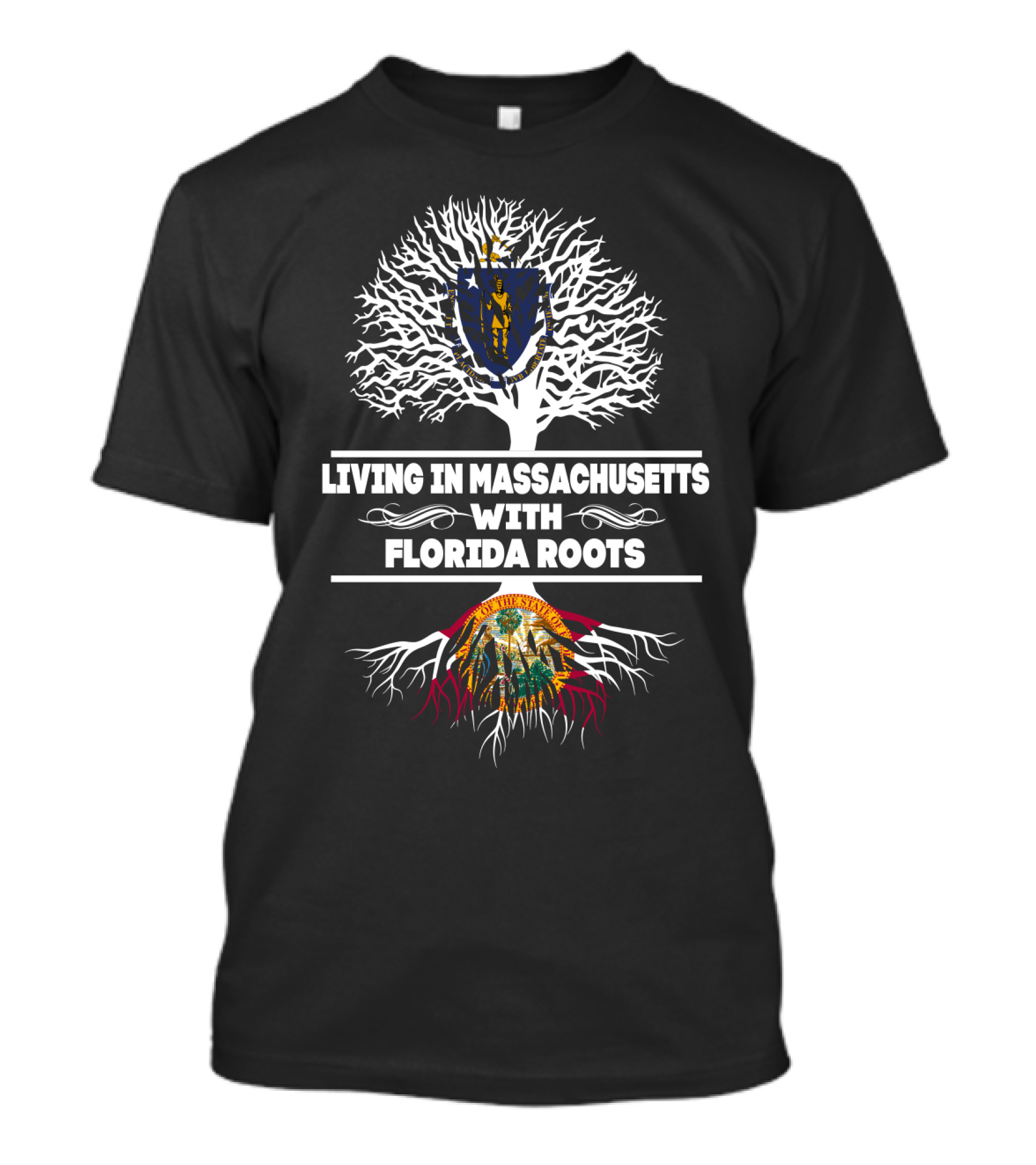 Proudly Living In Massachusetts Symbolizing Florida Roots With State Seals And Tree T-Shirt
