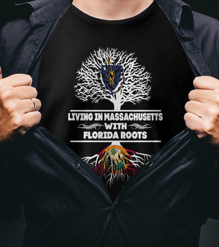 Proudly Living In Massachusetts Symbolizing Florida Roots With State Seals And Tree T-Shirt