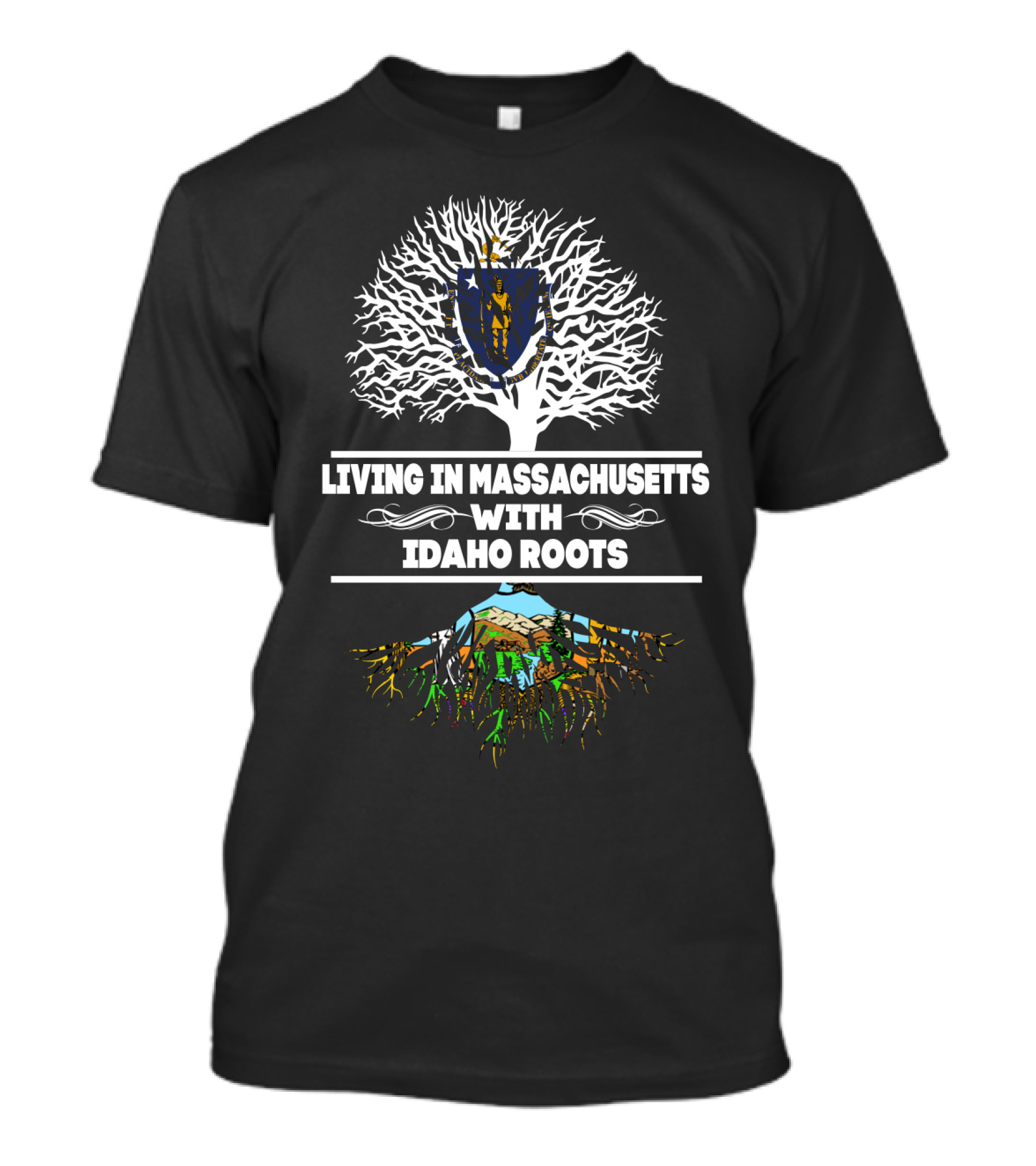 Living In Massachusetts With Idaho Roots Tree Graphic Featuring State Symbols T-Shirt