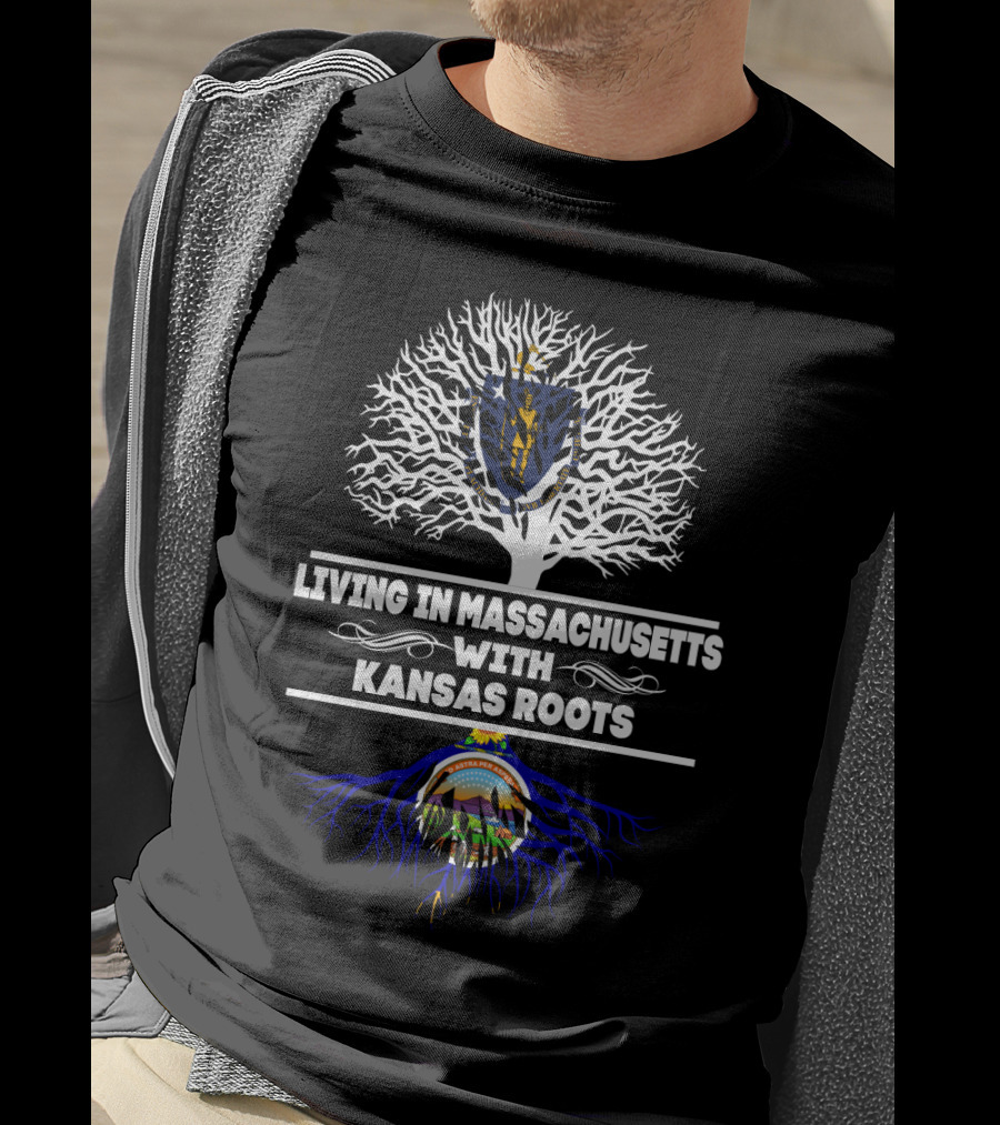 Living In Massachusetts Embracing Kansas Roots With State Crest Symbolism Tree T-Shirt