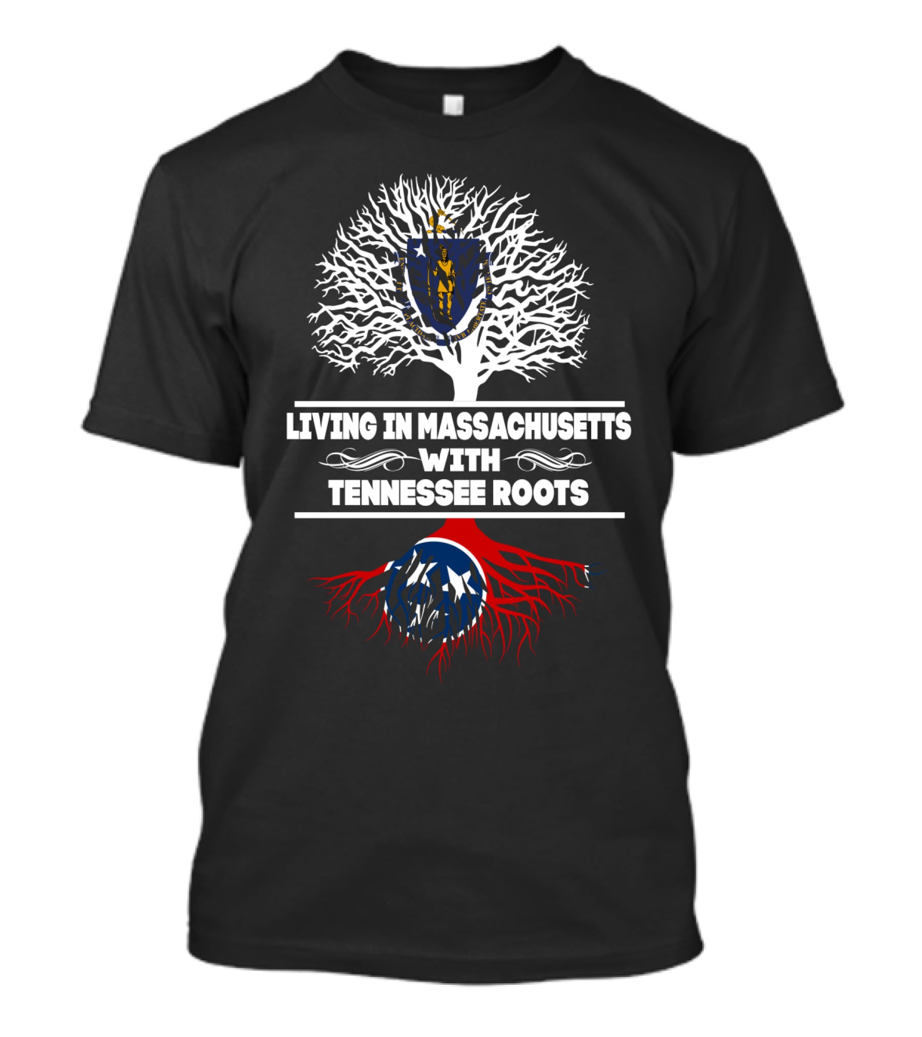 Massachusetts Living With Deep Tennessee Roots Featuring State Tree And Symbolic Roots T-Shirt