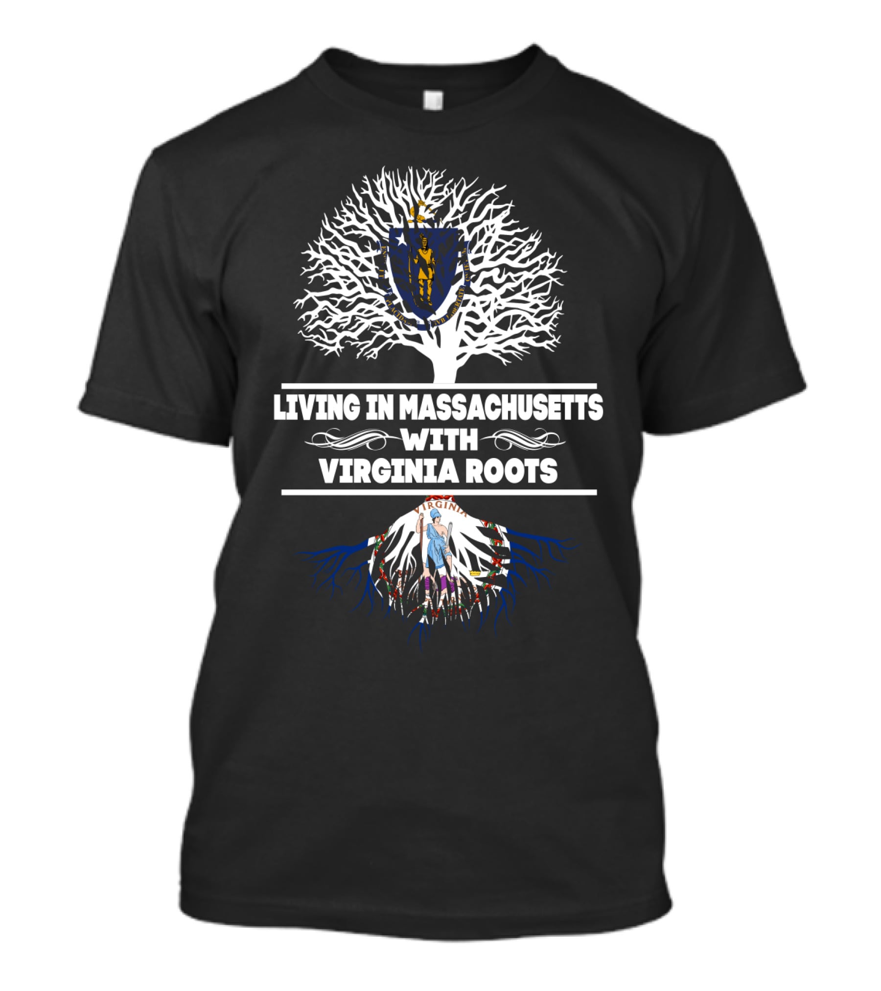 Massachusetts Living With Virginia Roots Tree Design Featuring State Symbols T-Shirt